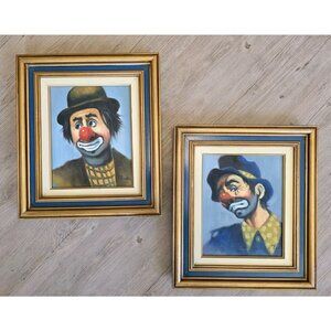 Set Of 2 Original Sad & Happy Clown Oil Paintings Signed Brodie Pro Framed MCM